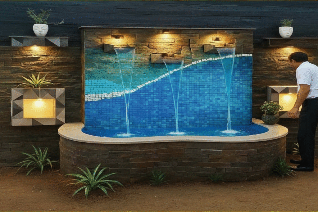 Luxury interior design feature — modern indoor water fountain with stone cladding, blue mosaic tiles, and warm wall lighting, perfect for home interiors.